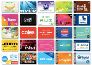 eGift Cards for Woolworths, PlayStation Network, iTunes, David Jones, X-Box, Kogan, Wish Gift Card, Coles Gift Card. Chemist Warehouse Gift Card., Big W Gift Card, Domino's Gift Card, Amaysim Gift Card